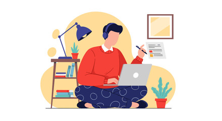 Man working from home with laptop, headphones, and documents. Remote work, online learning, or comfortable freelance lifestyle concept.