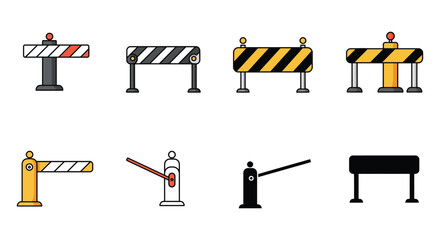 A collection of various barrier gates and road blockers in different designs and colors