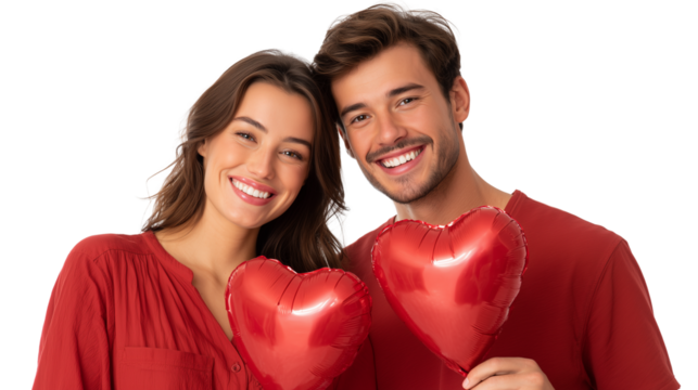 Couple in red outfits holding heart balloons isolated on white, great for Valentine heart couple portraits and red love visuals. Isolated on transparent background. PNG die-cut for advertising.