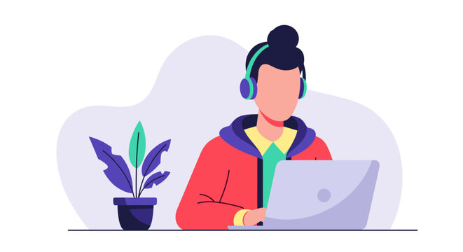 Individual focused on laptop with headphones, ideal for concepts of remote work, online learning, customer support, or digital lifestyle.