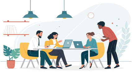 Diverse business team collaborating in a modern office space. Professionals working together on laptops, discussing plans for innovation and success.