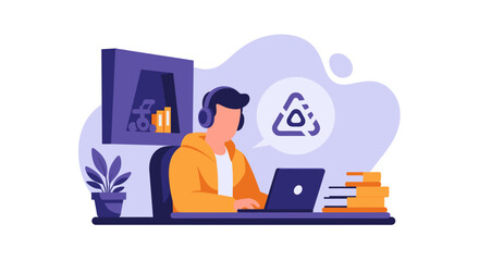 Focused student or professional learning online with laptop and headphones, ideal for remote work, education, or communication concepts.