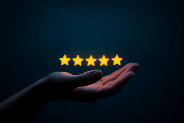Hand Holding Five Glowing Stars Symbolizing Excellent Feedback Client Satisfaction and Positive Customer Experience Product or Service Evaluation Concept