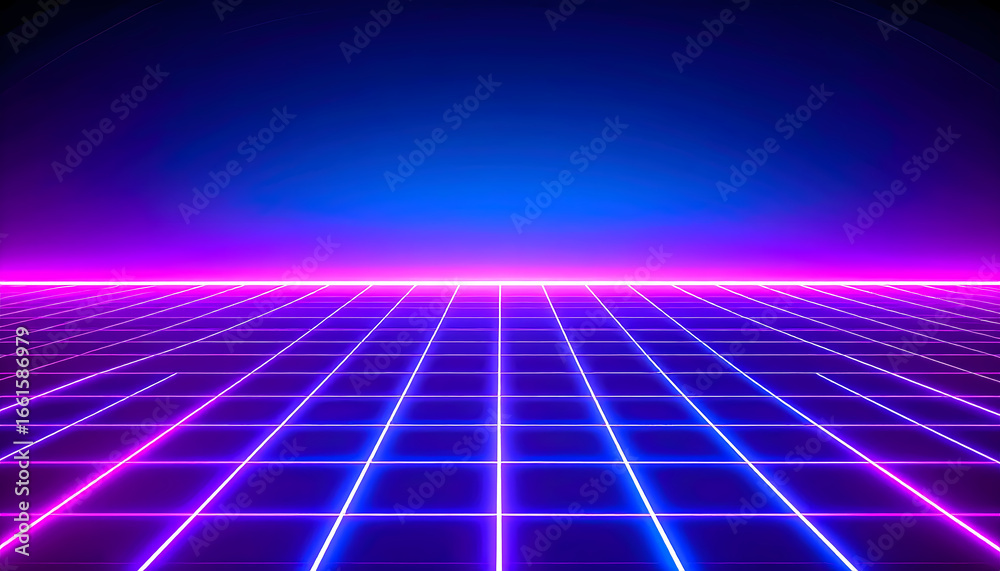 Wall mural retro futuristic background with glowing neon grid and laser light. this synthwave eighties landscap
