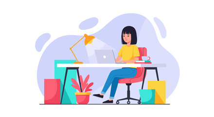 A focused woman works remotely on her laptop at a modern desk, embodying productivity, remote work, and modern business. Ideal for lifestyle, education, or freelance concepts.