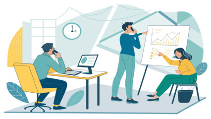 Business professionals collaborate in an office, analyzing data on a whiteboard while communicating. Ideal for concepts of teamwork, strategy, and corporate success.