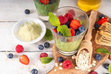 Overnight matcha oatmeal with fresh berries