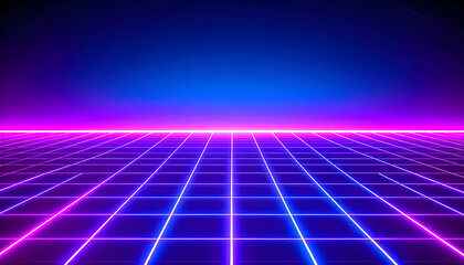 Retro futuristic background with glowing neon grid and laser light. This synthwave eighties landscape has digital perspective creating nostalgic feeling of speed