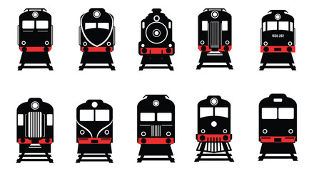 Collection of various train locomotives in black and red colors