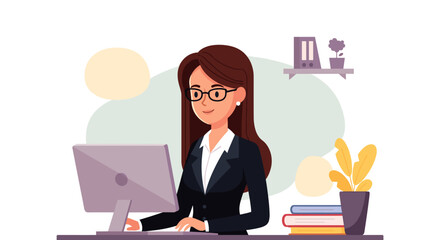 Smiling professional woman in glasses working on a computer at her desk, symbolizing productivity, modern business, and efficient remote work.