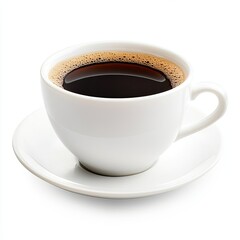 Obraz premium White coffee cup filled with dark liquid, frothy top, on saucer