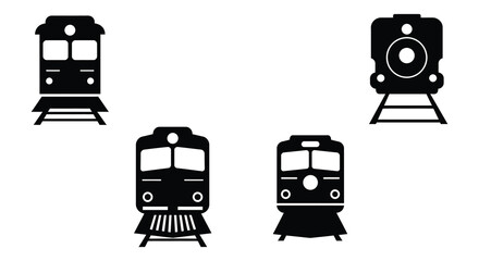 Collection of train locomotives in various styles and angles on white background