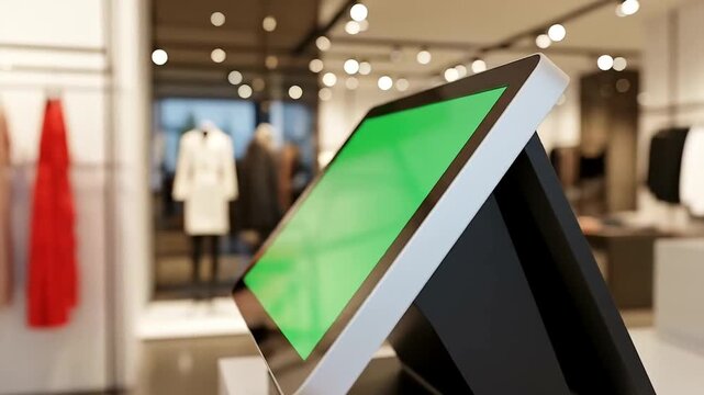 A modern retail store checkout counter with a blank green touchscreen display.