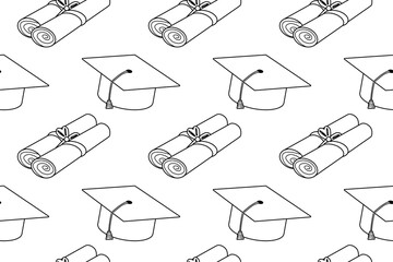 Coloring page of vector seamless pattern with graduation caps and diplomas. For entertaining kids, back to school or education black and white printable design, DIY craft activity, educational concept
