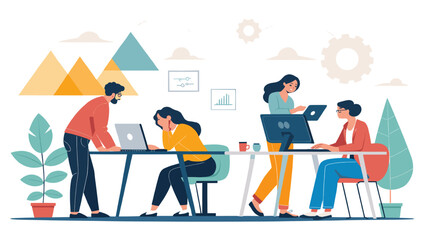 Diverse team collaborates diligently in a modern office, focusing on tasks and overcoming challenges. Illustrates teamwork, productivity, and professional life.