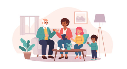 Happy multi-generational family shares stories and conversation in a cozy living room, symbolizing intergenerational bonding, learning, and home life.