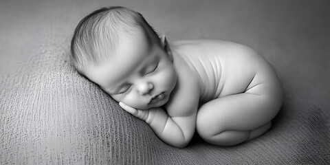 Newborn baby peacefully sleeping on soft textured blanket, curled up in a cozy position, showcasing innocence and tranquility in a serene environment