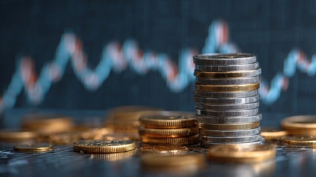 Stack of golden economy coins with financial business graph, investment chart and money diagram background showing economic growth, finance technology and market analysis concept