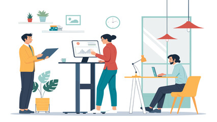 Professionals collaborating and analyzing data in a modern, productive office environment. Ideal for business, teamwork, and corporate concepts.