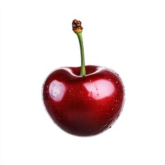 Single, ripe, red cherry against white background