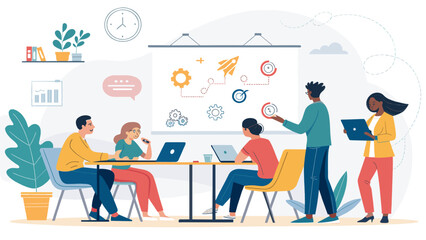 Diverse business team collaborates on a strategic project, discussing innovation and growth in a modern office setting. Ideal for corporate development and teamwork concepts.