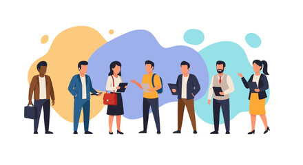 Diverse professionals and students collaborate, communicate, and learn. Represents teamwork, networking, business, and education concepts.