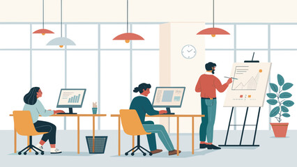 Productive team in a contemporary office setting, engaged in data analysis on computers and a dynamic business presentation on a flipchart, ideal for corporate themes.