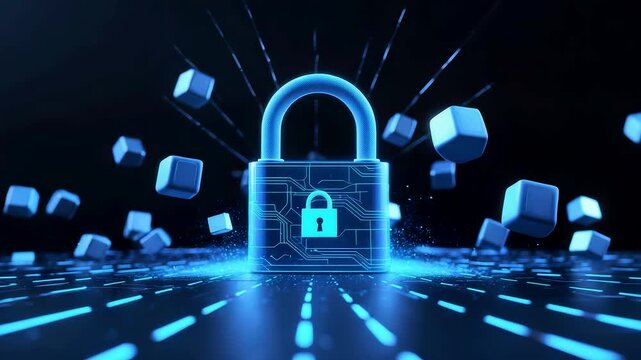 Large glowing blue padlock surrounded by floating cubes above an illuminated digital grid