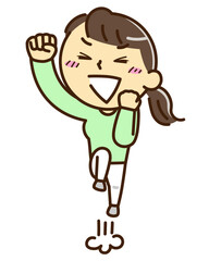 ガッツポーズしながら飛び上がって喜ぶ女性