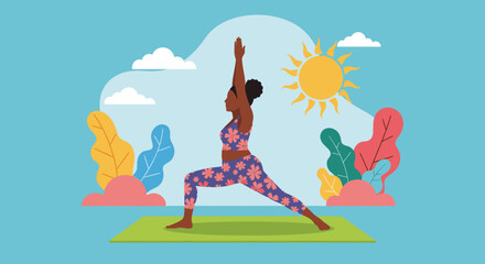 Woman practicing warrior yoga pose outdoors under the sun, promoting wellness, balance, and a healthy lifestyle. Ideal for fitness and self-care concepts.