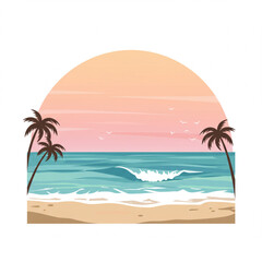 Fototapeta premium Tropical beach scene with palm trees, ocean waves and sunset sky background