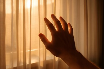 Caucasian man gently touching warm sunlight through curtain in morning, creating cozy and inspirational atmosphere