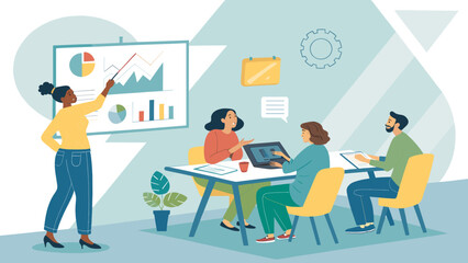 Diverse business team collaborating in an office meeting. A presenter explains data charts and graphs to colleagues for strategic planning and growth.