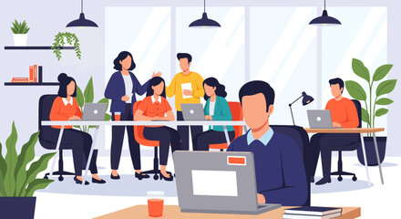 Diverse team collaborating in a modern open-plan office, working on laptops and discussing ideas. Represents teamwork, productivity, and a vibrant startup environment.