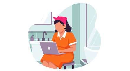 A woman in a headscarf and orange dress works on a laptop in a bathroom, representing remote work, multitasking, and a flexible modern lifestyle.