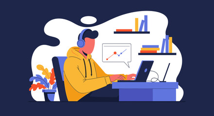 Person with headphones diligently working on a laptop at a desk, surrounded by books and a plant. Represents remote work, online learning, or data analysis.