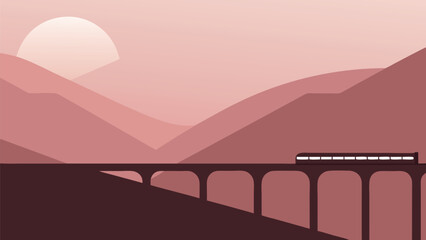 Minimalist train crossing scenic bridge silhouette at sunset vector illustration eps