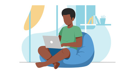 Young man working comfortably on a laptop from home, sitting on a beanbag chair. Illustrates remote work, online education, or a modern, flexible lifestyle.