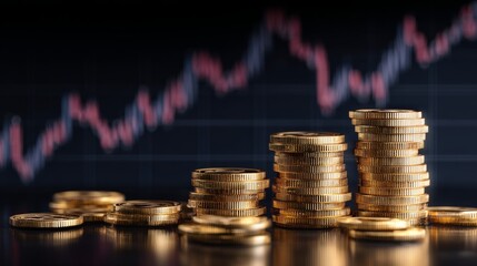 Stack of golden economy coins with financial business graph, investment chart and money diagram background showing economic growth, finance technology and market analysis concept