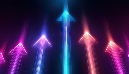Neon arrows pointing upwards on a dark background