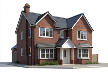 Modern British red brick two story residential house, white windows, gabled roof and chimney, architectural visualization, suburban home design, contemporary family dwelling. 