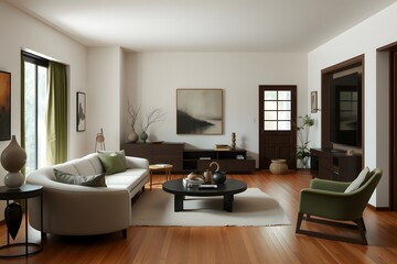 Fototapeta premium Bright living room with white sofa and dark wood furniture