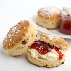 Traditional British scones served with cream cheese and strawberry jam.