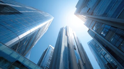 The gleaming glass skyscrapers reaching towards a bright blue sky.