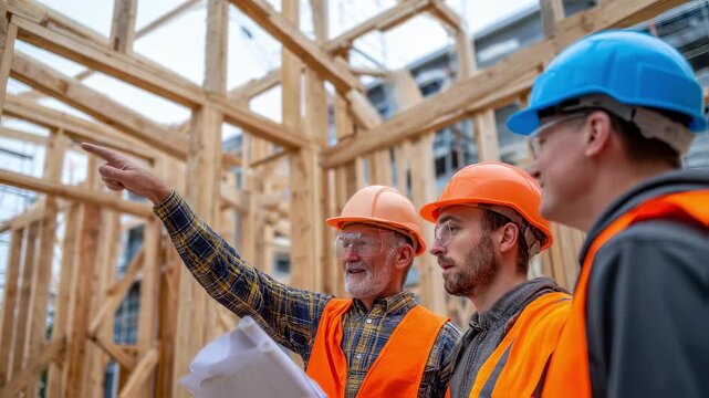 An inspector consults with construction workers pointing at framework details to ensure adherence to building codes and regulatory standards.