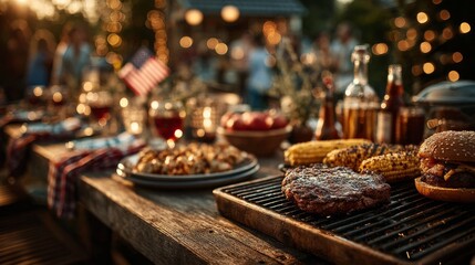Barbecue party with grilled food in a backyard decorated with American flags. Celebrating the 4th of July or Labor Day