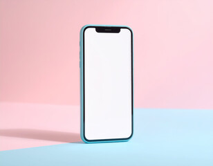 ピンクとブルーの背景に立つスマートフォンのモックアップイラスト