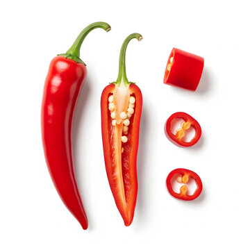 A versatile and vibrant collection of red hot chili peppers, featuring a whole pepper and a perfectly sliced half, all arranged in a top-down, flat lay composition copy