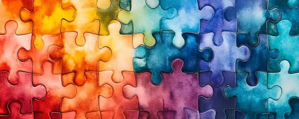 Interlocking puzzle pieces with a watercolor texture, symbolizing connection, diversity, and unity in a colorful abstract design, Generative AI