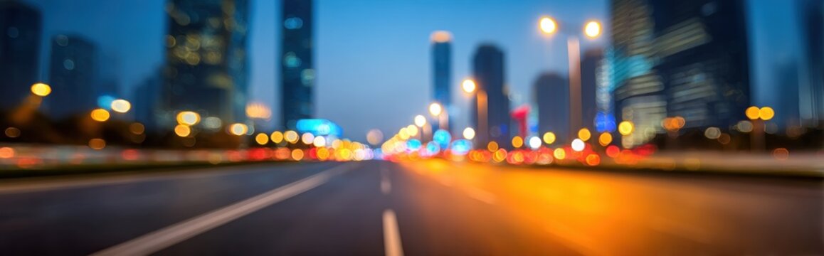 Blurred cityscape at night, with city lights and roadway. - Powered by Adobe